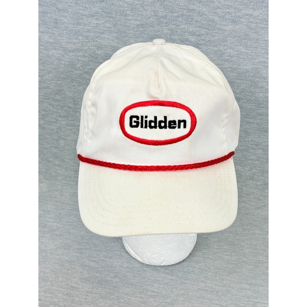 Vintage Glidden Paint Rope Hat‎ White Red Logo Leather Strapback Cap Mens OSFM
